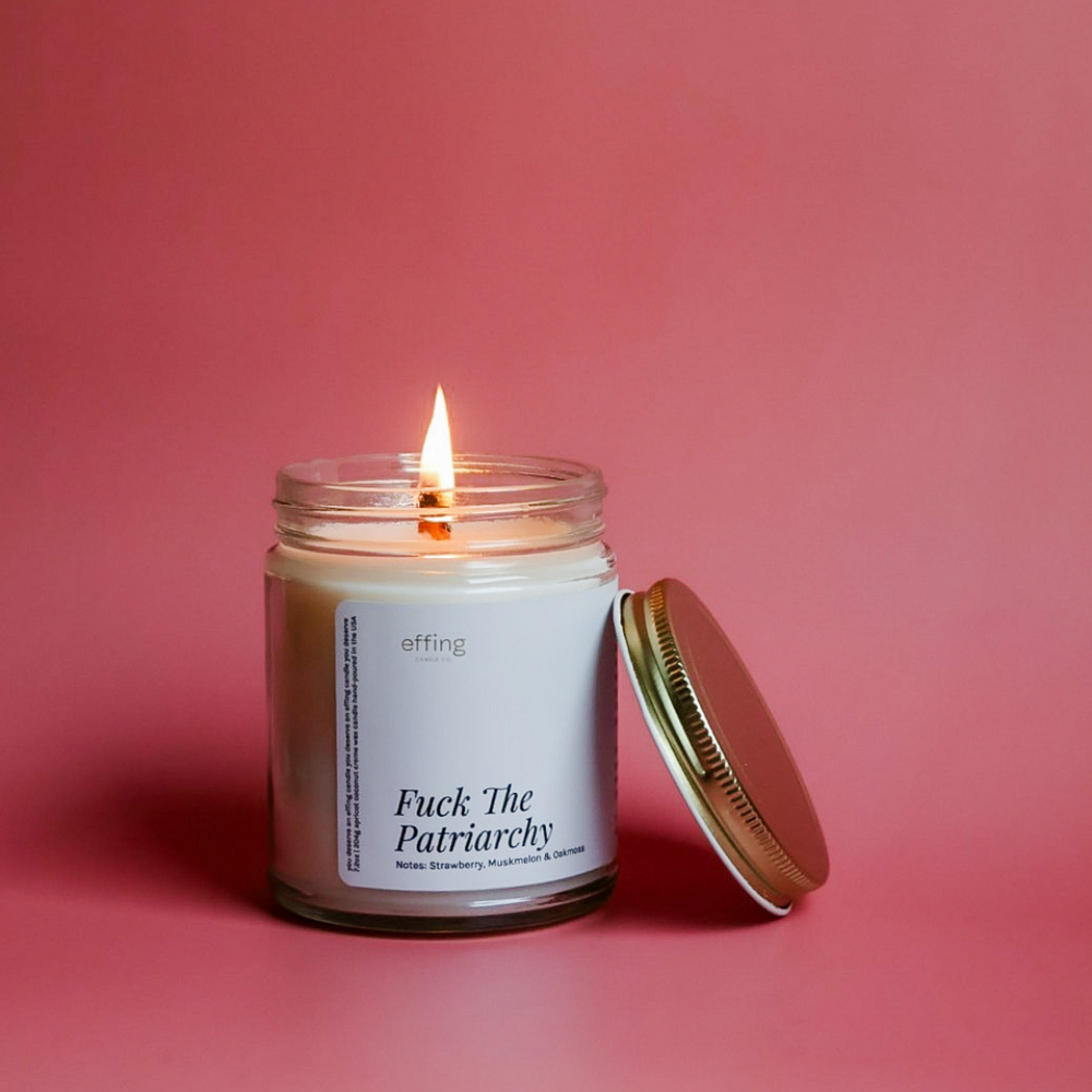 Fuck the patriarchy wooden wick candle