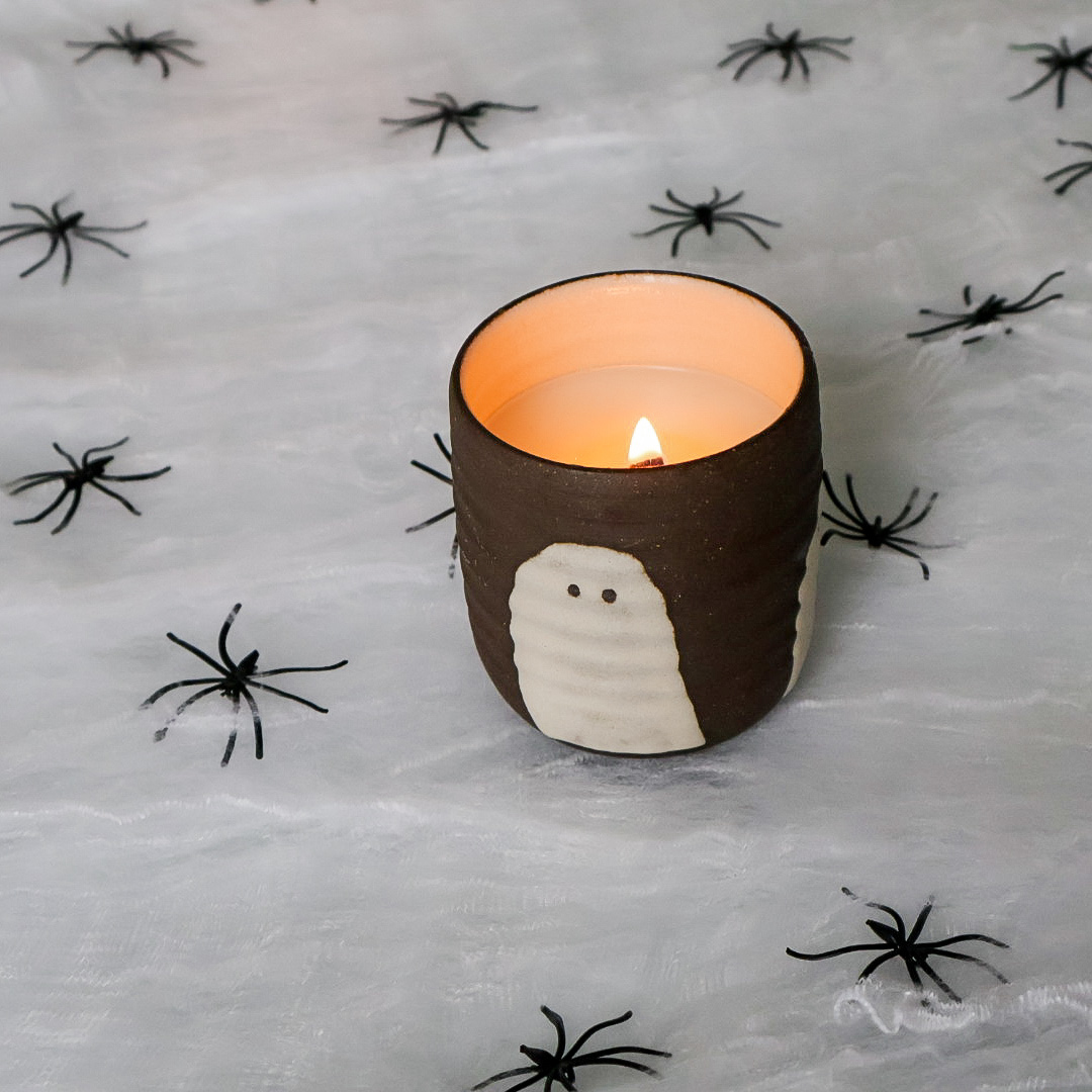 Handmade Halloween Ghost Cup Candle - Raw Sugar, Clove & Sandalwood Scent