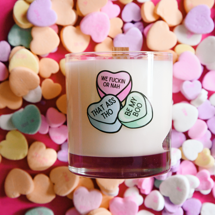 Funny Conversation Hearts Valentine's Day Candle 9oz | Sheer Vanilla, Jasmine & Cashmere Scent (aka In The Mood)