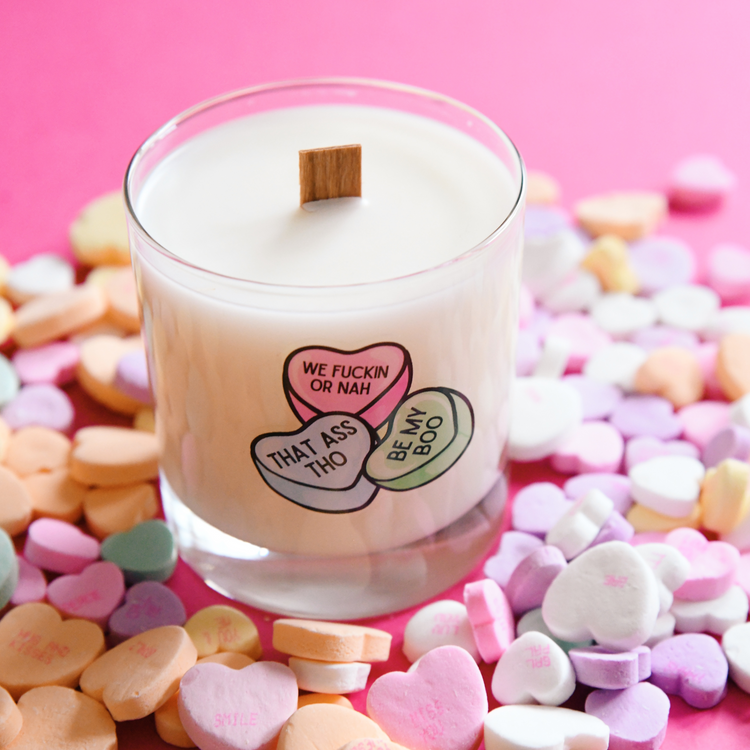 Funny Conversation Hearts Valentine's Day Candle 9oz | Sheer Vanilla, Jasmine & Cashmere Scent (aka In The Mood)