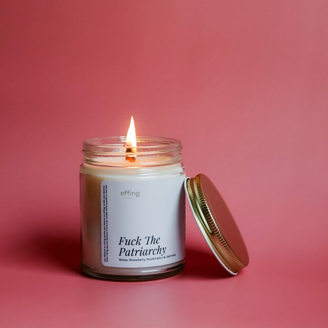 fuck the patriarchy wooden wick candle