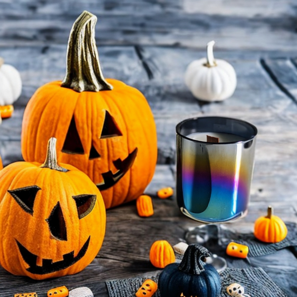iridescent black luxury candle vessel on a halloween background with pumpkins next to it