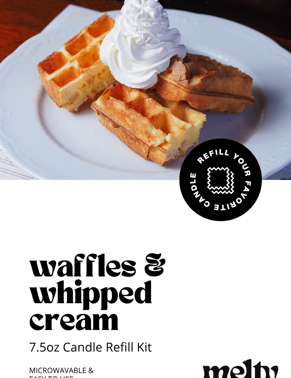 Waffles with whipped cream on a plate with 'melty' branding and product description text.