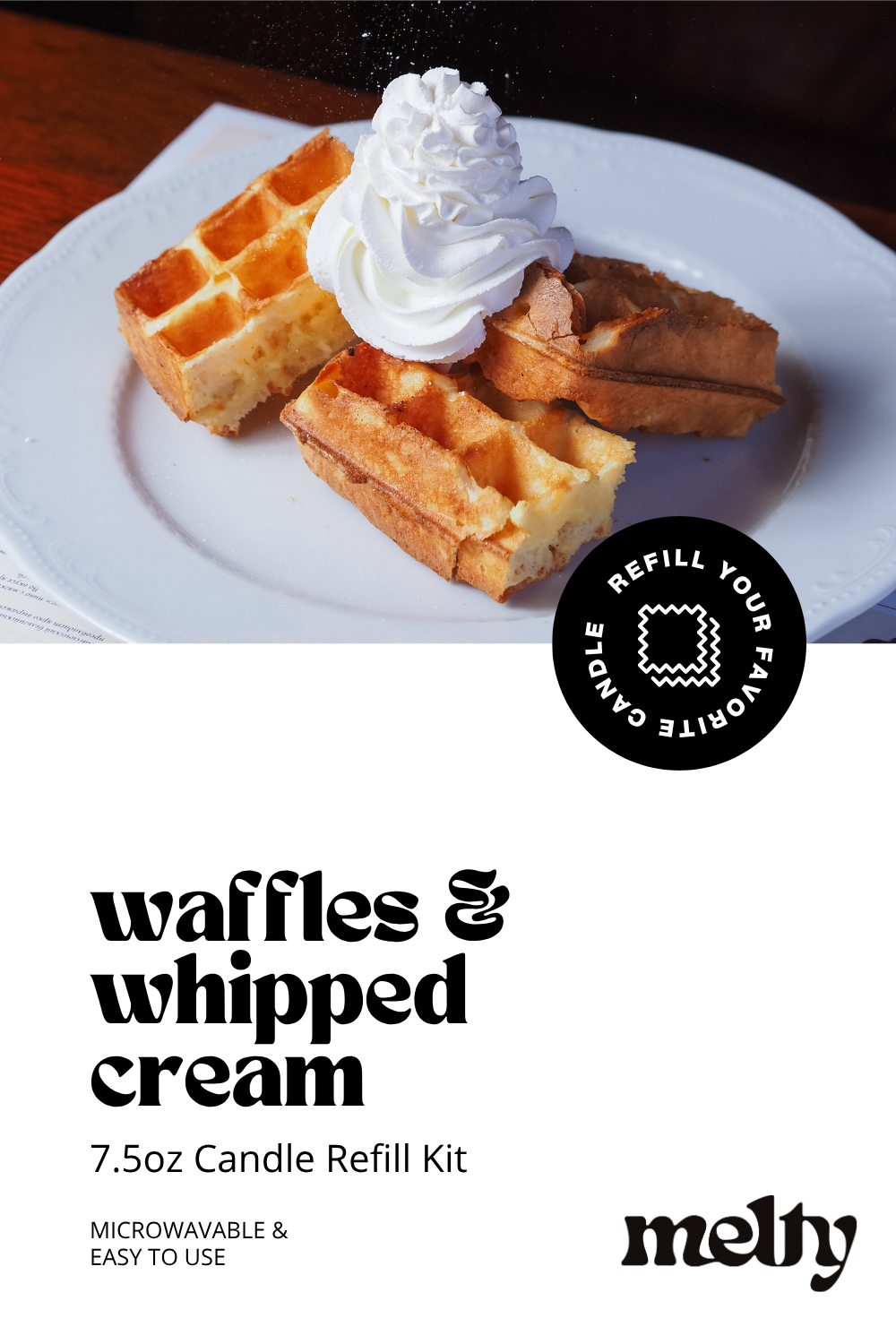 Waffles with whipped cream on a plate with 'melty' branding and product description text.