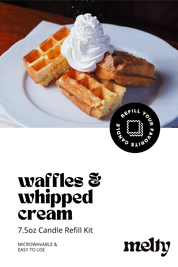 Waffles with whipped cream on a plate with 'melty' branding and product description text.