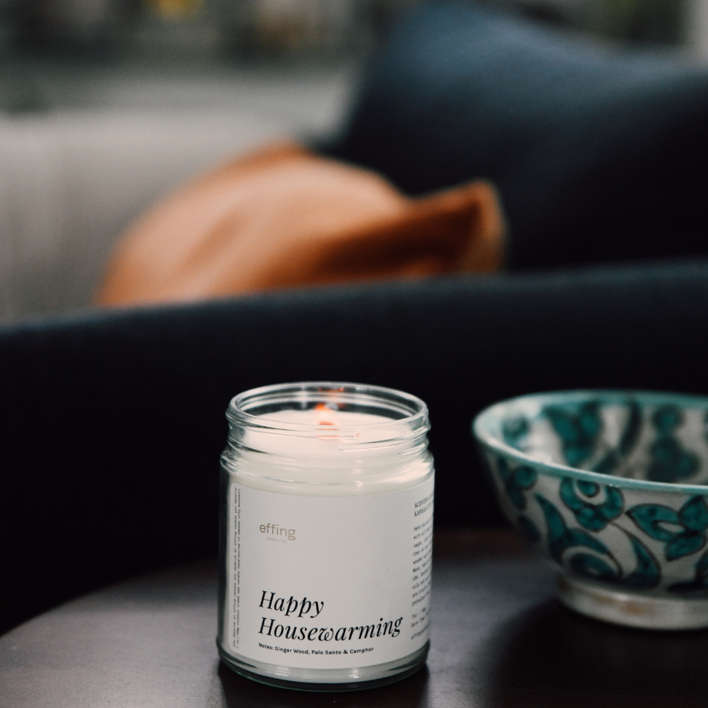 The best housewarming gift - Happy Housewarming wooden wick candle. Smells like ginger wood, palo santo.