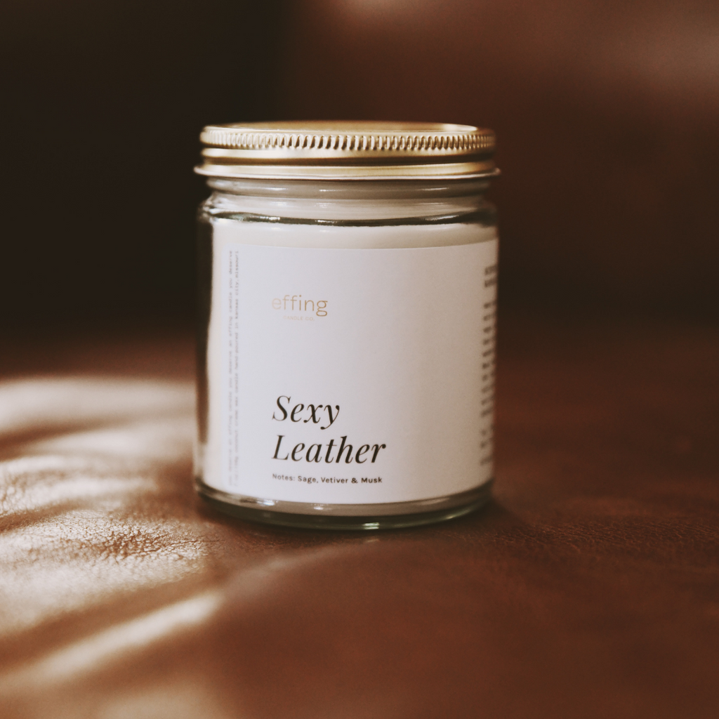 Sexy Leather wooden wick candle made in Kansas City. Fragrance notes of sage, vetiver & musk. Best Maker in KC. 